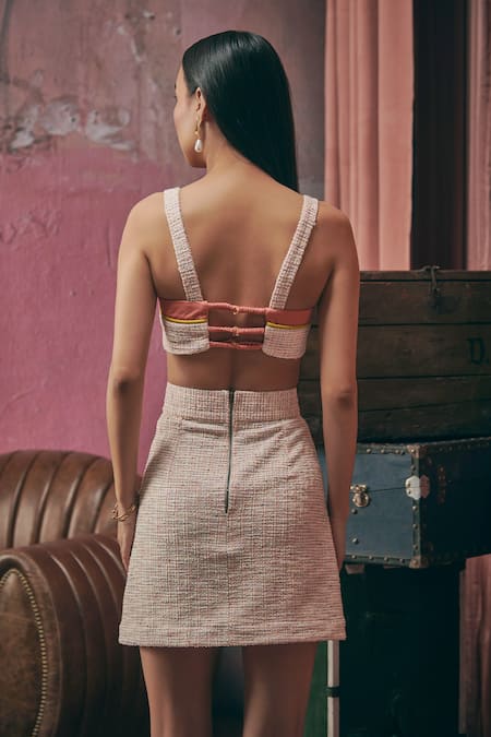 Buy_Sunandini_Blush Tweed Sweetheart , Open Pastel Pink Woven Jacket And Skirt Set 