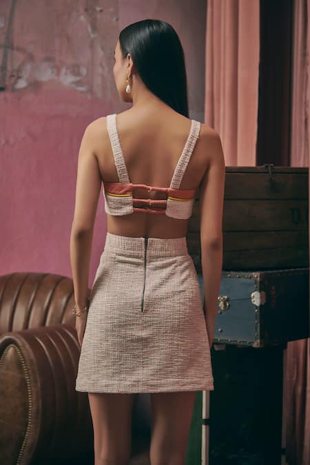 Shop Sunandini Pink Tweed Sweetheart Neck Pastel Color Block Bralette And Mini Skirt Set at Aza Fashions Shop_Sunandini_Pink Tweed Sweetheart Neck Pastel Color Block Bralette And Mini Skirt Set _at_Aza_Fashions