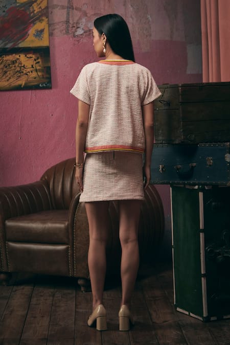 Shop Sunandini Pink Tweed Open Neck Pastel Woven Jacket at Aza Fashions Shop_Sunandini_Pink Tweed Open Neck Pastel Woven Jacket _at_Aza_Fashions