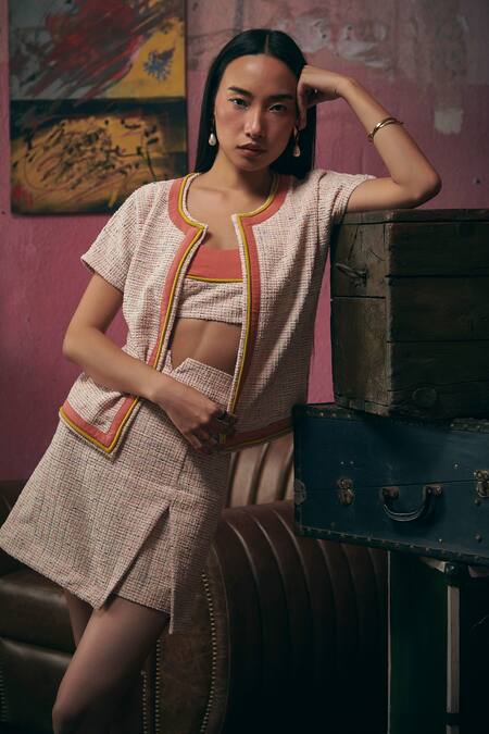 Sunandini Pink Tweed Open Neck Pastel Woven Jacket Online at Aza Fashions Sunandini_Pink Tweed Open Neck Pastel Woven Jacket _Online_at_Aza_Fashions