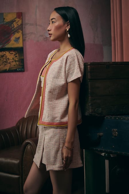 Buy Sunandini Pink Tweed Open Neck Pastel Woven Jacket Online at Aza Fashions Buy_Sunandini_Pink Tweed Open Neck Pastel Woven Jacket _Online_at_Aza_Fashions