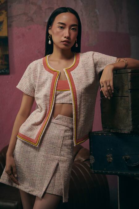 Shop Sunandini Pink Tweed Open Neck Pastel Woven Jacket Online at Aza Fashions Shop_Sunandini_Pink Tweed Open Neck Pastel Woven Jacket _Online_at_Aza_Fashions