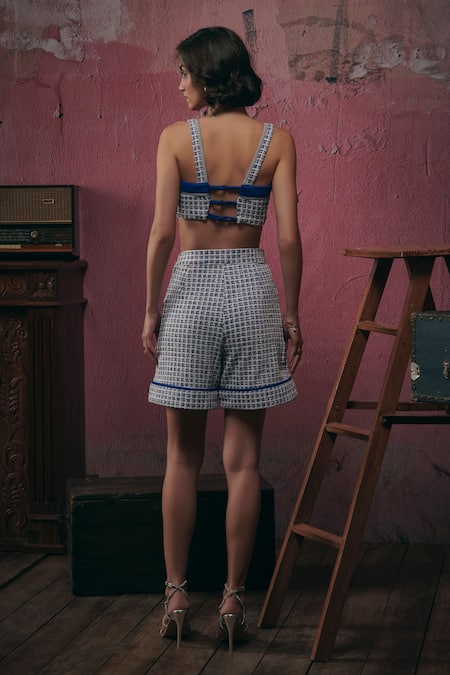 Shop Sunandini Blue Tweed Square Neck, Mandarin Collar Woven Jacket And Shorts Set at Aza Fashions Shop_Sunandini_Blue Tweed Square Neck, Mandarin Collar Woven Jacket And Shorts Set _at_Aza_Fashions