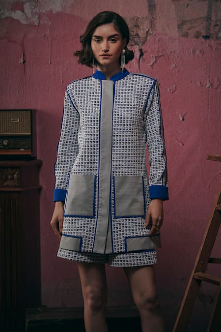 Shop Sunandini Blue Tweed Square Neck, Mandarin Collar Woven Jacket And Shorts Set Online at Aza Fashions Shop_Sunandini_Blue Tweed Square Neck, Mandarin Collar Woven Jacket And Shorts Set _Online_at_Aza_Fashions