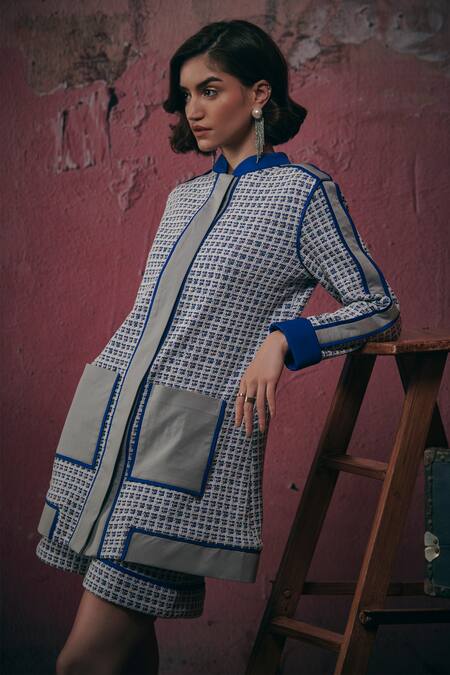 Sunandini Blue Tweed Square Neck, Mandarin Collar Woven Jacket And Shorts Set at Aza Fashions Sunandini_Blue Tweed Square Neck, Mandarin Collar Woven Jacket And Shorts Set _at_Aza_Fashions