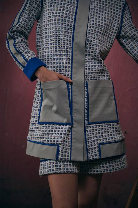 Buy Sunandini Blue Tweed Square Neck, Mandarin Collar Woven Jacket And Shorts Set Buy_Sunandini_Blue Tweed Square Neck, Mandarin Collar Woven Jacket And Shorts Set