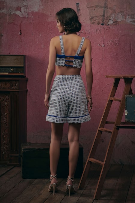Shop Sunandini Blue Tweed Square Neck Woven Crop Top And Shorts Set at Aza Fashions Shop_Sunandini_Blue Tweed Square Neck Woven Crop Top And Shorts Set _at_Aza_Fashions