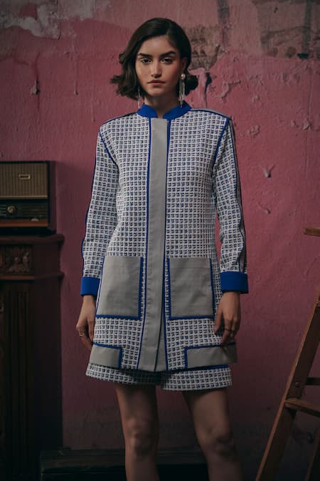 Shop_Sunandini_Blue Tweed Woven Mandarin Collar Jacket _at_Aza_Fashions
