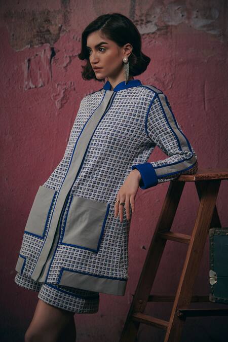 Buy_Sunandini_Blue Tweed Woven Mandarin Collar Jacket _Online_at_Aza_Fashions