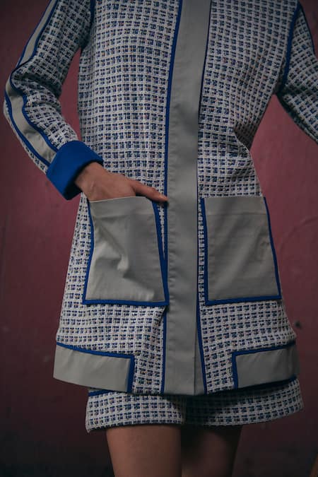 Shop_Sunandini_Blue Tweed Woven Mandarin Collar Jacket _Online_at_Aza_Fashions
