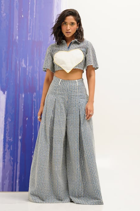 Sunandini Abigail Denim Cutwork Heart Patch Shirt & Pant Co-Ord Set 