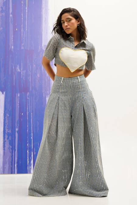 Sunandini_Blue Denim, Cotton Collared Cropped Cutwork Shirt And Pant Set _Online_at_Aza_Fashions