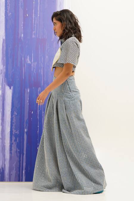 Buy_Sunandini_Blue Denim, Cotton Collared Cropped Cutwork Shirt And Pant Set _Online_at_Aza_Fashions