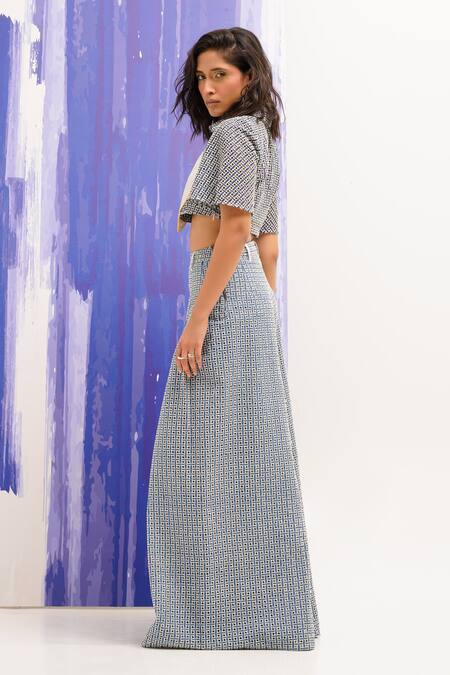 Shop_Sunandini_Blue Denim, Cotton Collared Cropped Cutwork Shirt And Pant Set _Online_at_Aza_Fashions