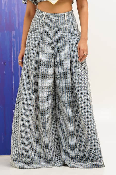 Sunandini_Blue Denim Cut Work Pant _Online_at_Aza_Fashions