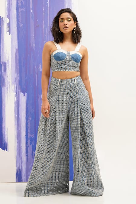 Sunandini Amara Denim Cutwork Bustier & Pant Co-Ord Set 