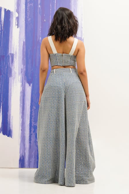 Shop_Sunandini_Blue Denim, Cotton Cut Work Sweetheart Neck Bustier And Pant Set _at_Aza_Fashions