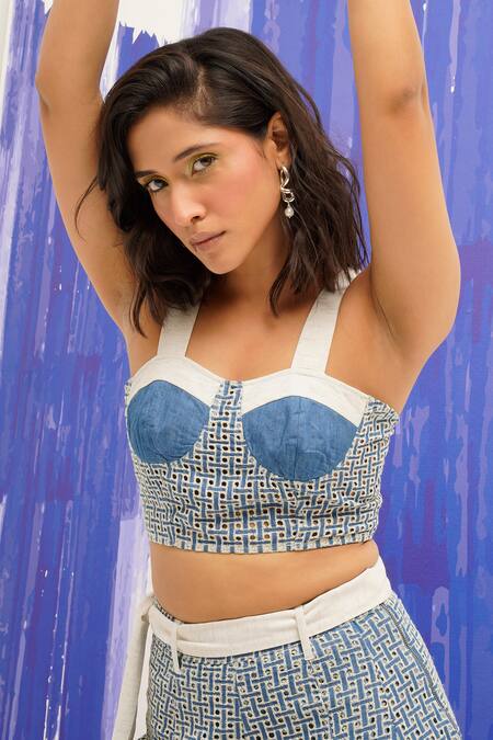 Sunandini_Blue Denim, Cotton Cut Work Sweetheart Neck Bustier And Pant Set _Online_at_Aza_Fashions