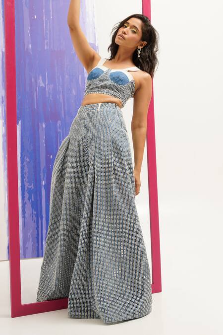 Buy_Sunandini_Blue Denim, Cotton Cut Work Sweetheart Neck Bustier And Pant Set _Online_at_Aza_Fashions