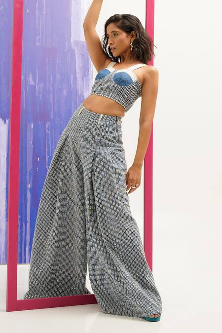 Shop_Sunandini_Blue Denim, Cotton Cut Work Sweetheart Neck Bustier And Pant Set _Online_at_Aza_Fashions