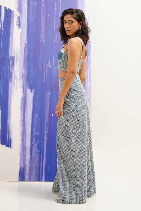 Sunandini_Blue Denim, Cotton Cut Work Sweetheart Neck Bustier And Pant Set _at_Aza_Fashions