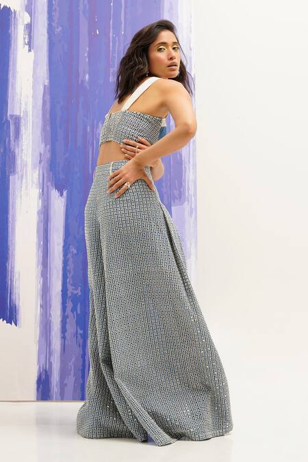 Buy_Sunandini_Blue Denim, Cotton Cut Work Sweetheart Neck Bustier And Pant Set 