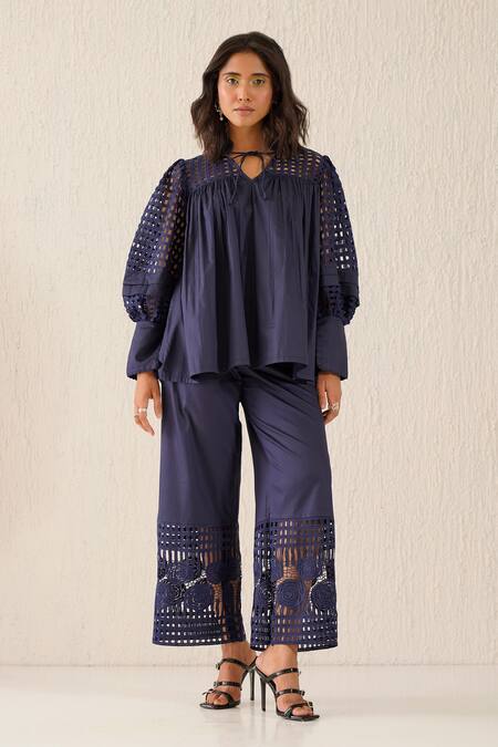 Sunandini_Blue Cotton Embroidery Collared Cutwork Top And Trouser Set _Online_at_Aza_Fashions