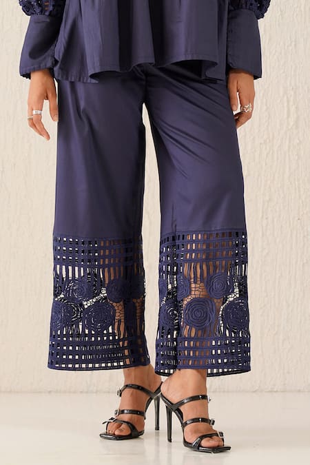 Buy Sunandini Blue Cotton Embroidery Collared Cutwork Top And Trouser Set Online at Aza Fashions Buy_Sunandini_Blue Cotton Embroidery Collared Cutwork Top And Trouser Set _Online_at_Aza_Fashions