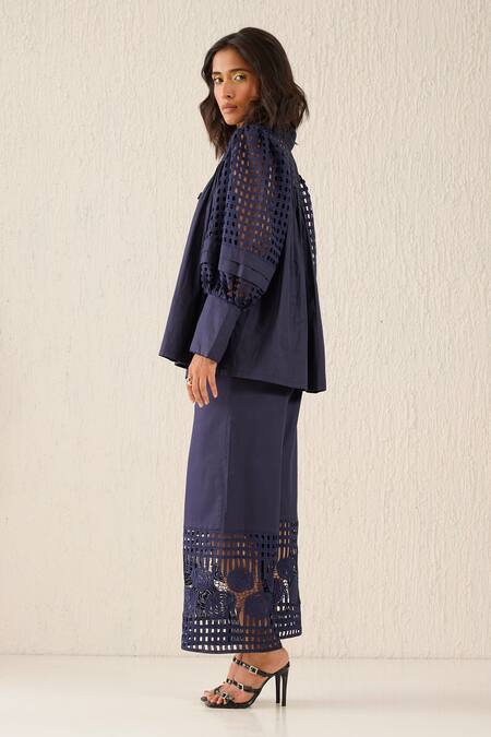 Shop_Sunandini_Blue Cotton Embroidery Collared Cutwork Top And Trouser Set _Online_at_Aza_Fashions