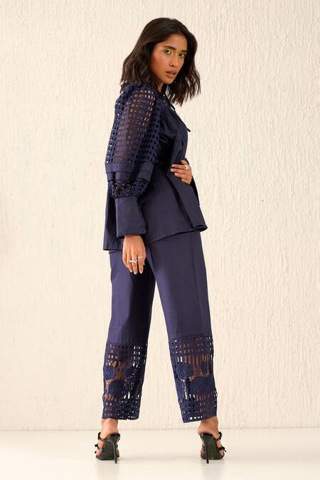 Sunandini Blue Cotton Embroidery Collared Cutwork Top And Trouser Set at Aza Fashions Sunandini_Blue Cotton Embroidery Collared Cutwork Top And Trouser Set _at_Aza_Fashions