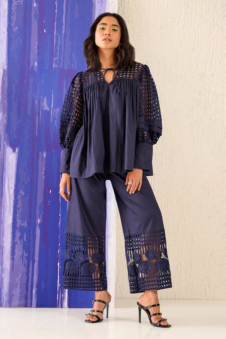 Buy Sunandini Blue Cotton Cut Work Collared Schiffli Peasant Sleeve Top Online at Aza Fashions Buy_Sunandini_Blue Cotton Cut Work Collared Schiffli Peasant Sleeve Top _Online_at_Aza_Fashions