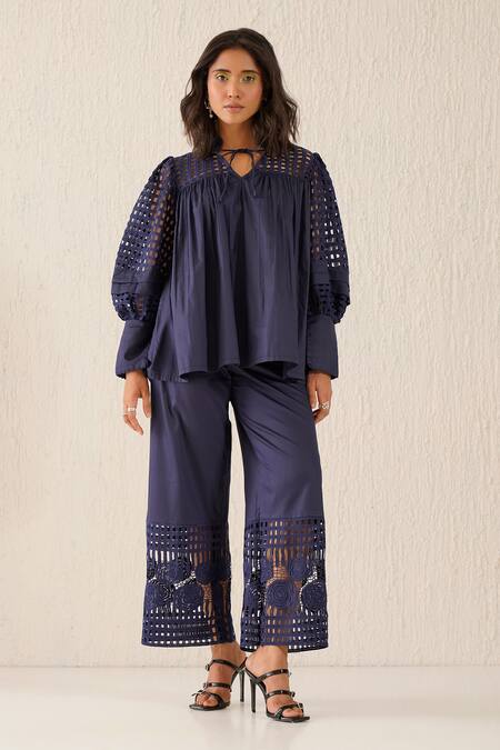 Sunandini_Blue Cotton Embroidery Openwork Culotte Trouser _Online_at_Aza_Fashions