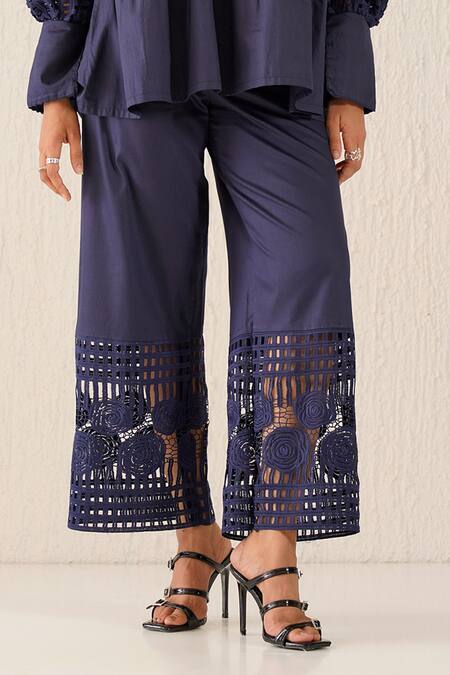 Buy Sunandini Blue Cotton Embroidery Openwork Culotte Trouser Online at Aza Fashions Buy_Sunandini_Blue Cotton Embroidery Openwork Culotte Trouser _Online_at_Aza_Fashions