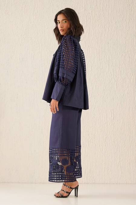 Shop_Sunandini_Blue Cotton Embroidery Openwork Culotte Trouser _Online_at_Aza_Fashions