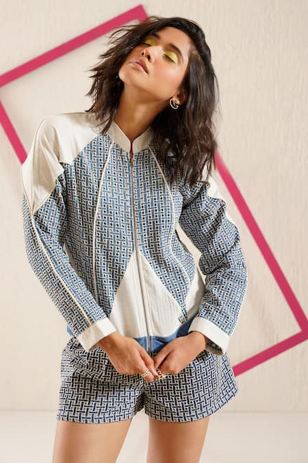 Sunandini_Blue Denim, Cotton Patchwork, Cut Work Sweetheart Bustier Jacket And Shorts Set _at_Aza_Fashions