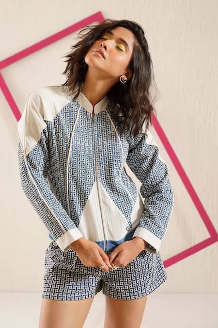 Buy_Sunandini_Blue Denim Patchwork Bandeau Neck Cutwork Jacket And Shorts Set _Online_at_Aza_Fashions