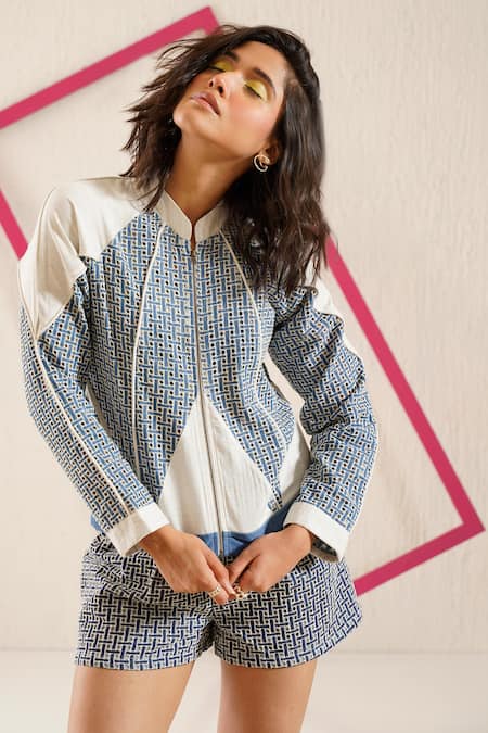 Sunandini_Blue Denim Patchwork Bandeau Neck Cutwork Jacket _at_Aza_Fashions