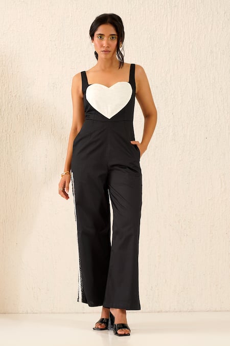 Sunandini_Black Cotton Patchwork Sweetheart Neck Heart Jumpsuit _Online_at_Aza_Fashions
