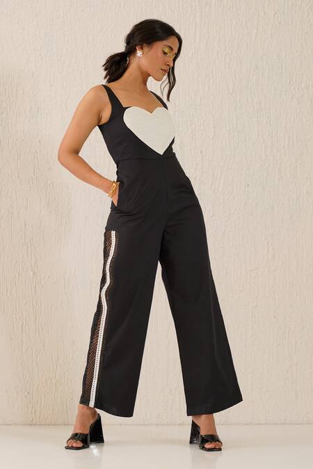 Buy_Sunandini_Black Cotton Patchwork Sweetheart Neck Heart Jumpsuit _Online_at_Aza_Fashions