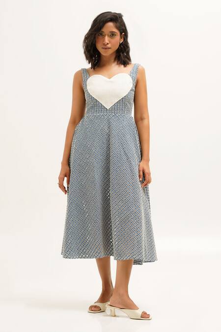 Sunandini_Blue Denim, Cotton Sweetheart Neck Cutwork Midi Dress _Online_at_Aza_Fashions