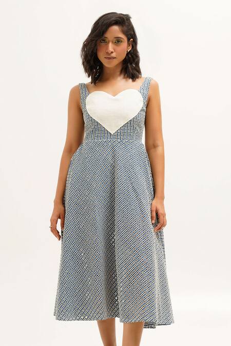 Shop_Sunandini_Blue Denim, Cotton Sweetheart Neck Cutwork Midi Dress _Online_at_Aza_Fashions