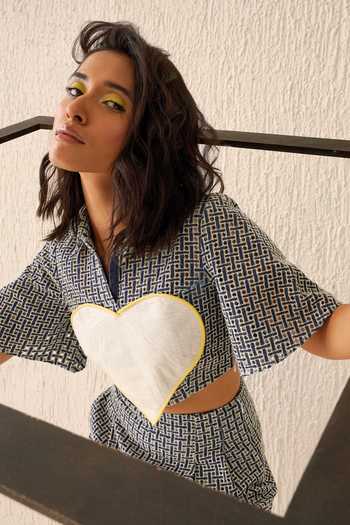 Buy_Sunandini_Blue Denim, Cotton Patchwork Collared Cutwork Crop Top And Shorts Set _Online_at_Aza_Fashions