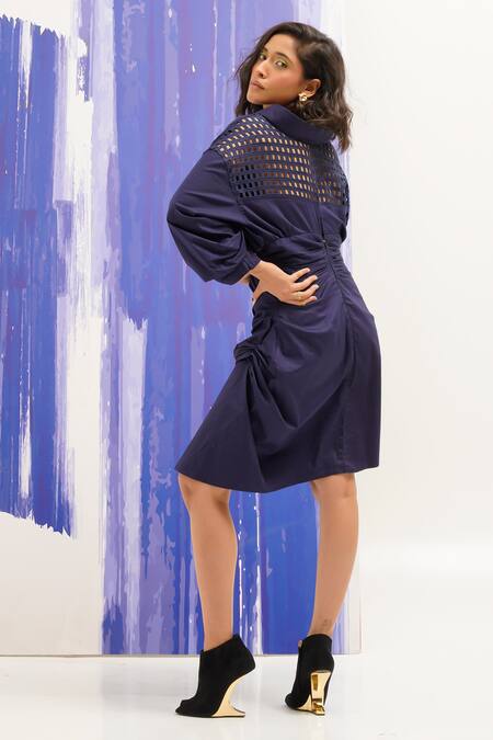 Sunandini Navy Blue Gathered Shirt Dress 