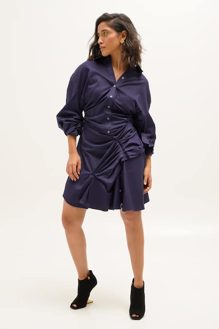 Sunandini_Blue Cotton Collared Navy Gathered Shirt Dress _Online_at_Aza_Fashions