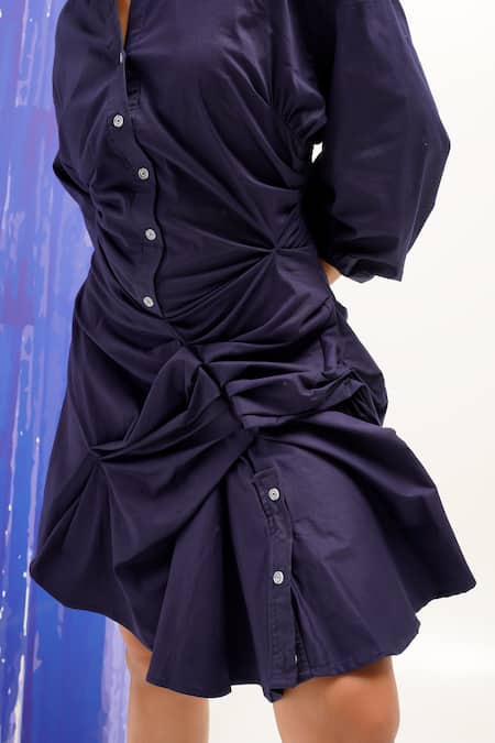 Sunandini_Blue Cotton Collared Navy Gathered Shirt Dress _at_Aza_Fashions