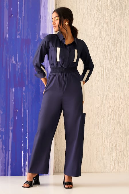 Sunandini_Blue Cotton Collared Designer Pointed Jumpsuit _Online_at_Aza_Fashions