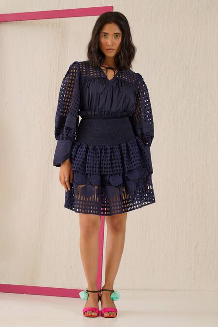 Buy_Sunandini_Blue Cotton Embroidery V-neck Smocked Top And Skirt Set _Online_at_Aza_Fashions