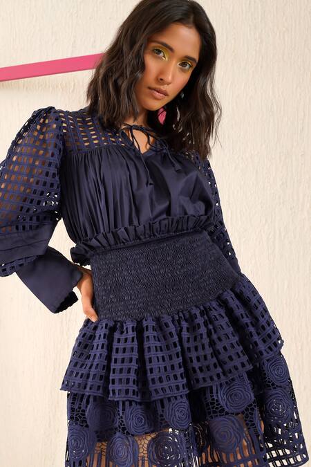 Sunandini_Blue 100% Cotton Smocked Tiered Ruffle Skirt _at_Aza_Fashions