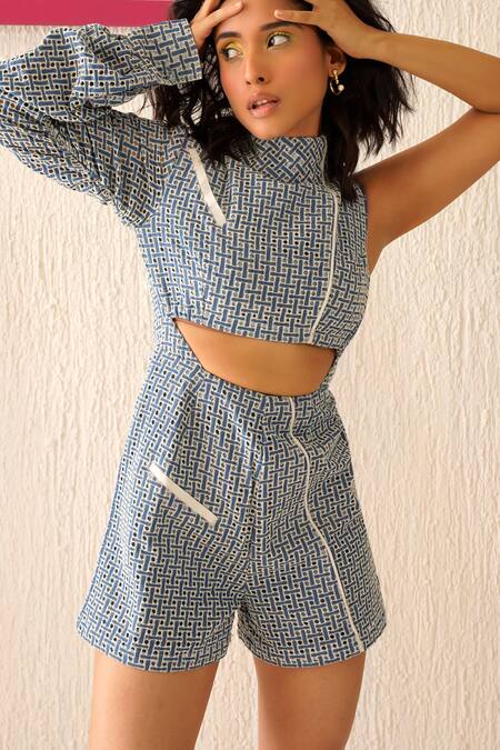 Shop_Sunandini_Blue Denim, Cotton Collared Cutwork Playsuit _Online_at_Aza_Fashions