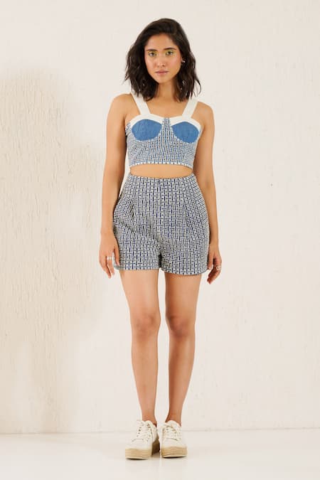 Sunandini Sage Denim Cutwork Bustier & Shorts Set 